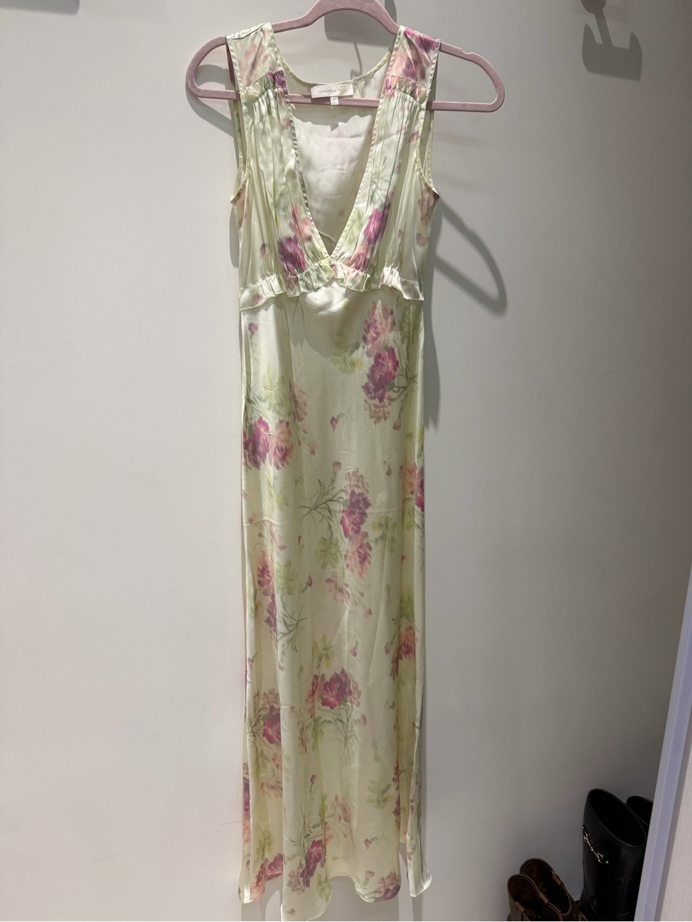 LoveShackFancy Pale Yellow Floral Satin Slip Dress with Pink Blooms
